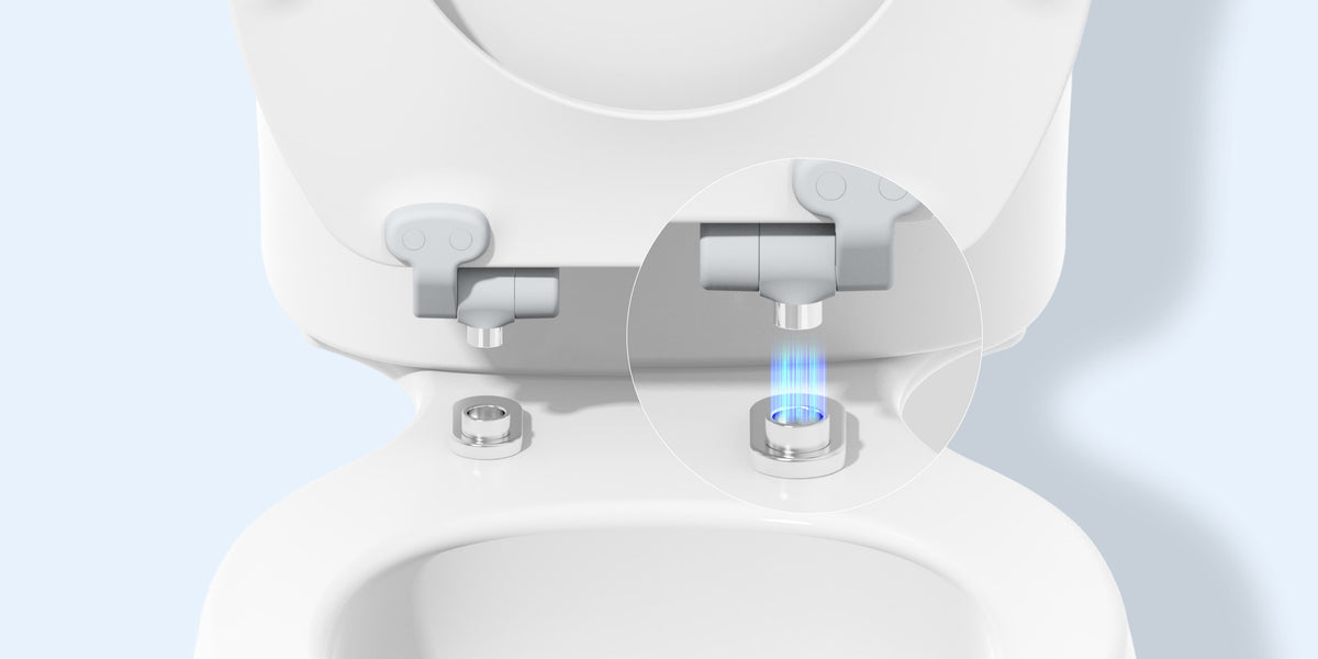 topseat Magic Hinge® magnetic quick-release toilet seat lifting away from its docking base.