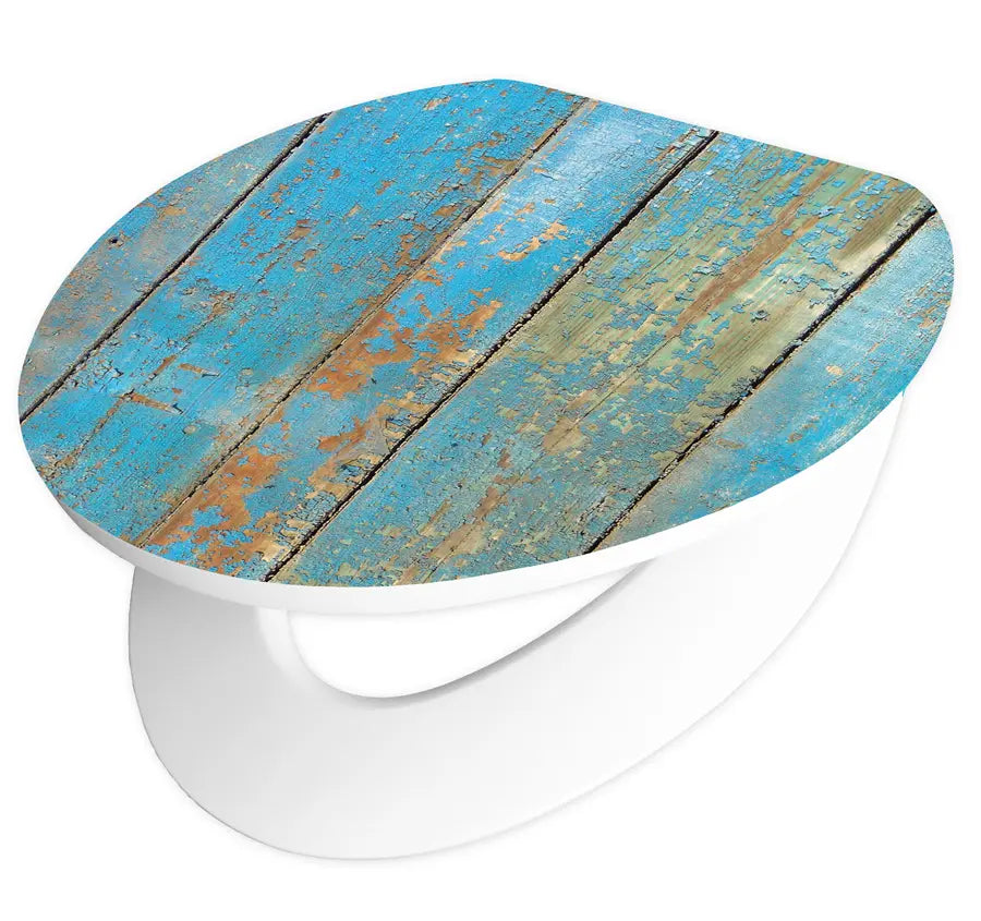 topseat Art of Acryl Shabby Chic toilet seat with the blue wood-plank lid partly open, showing the white seat ring beneath.