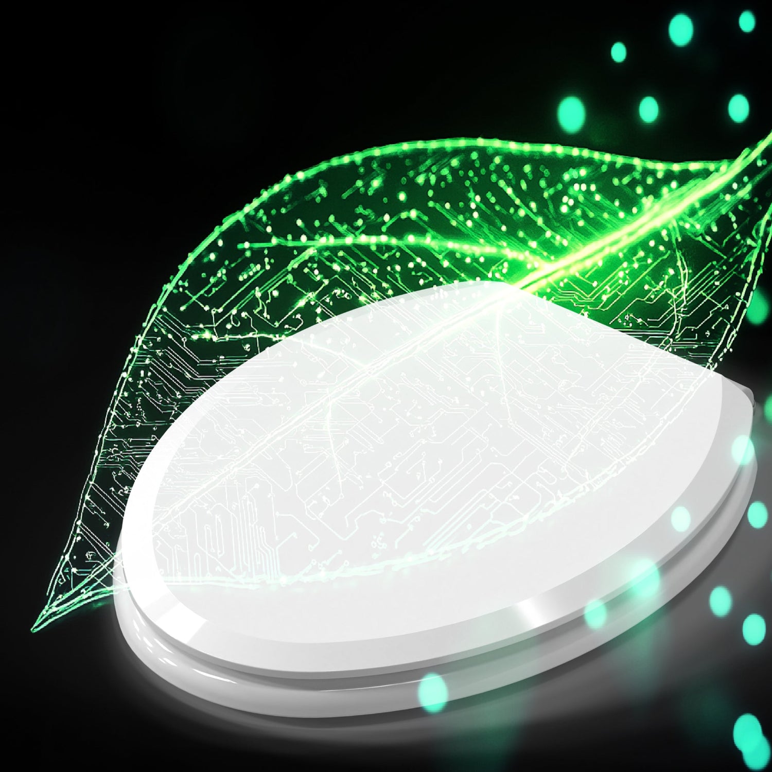 White wood toilet seat with green glowing elements on a dark background