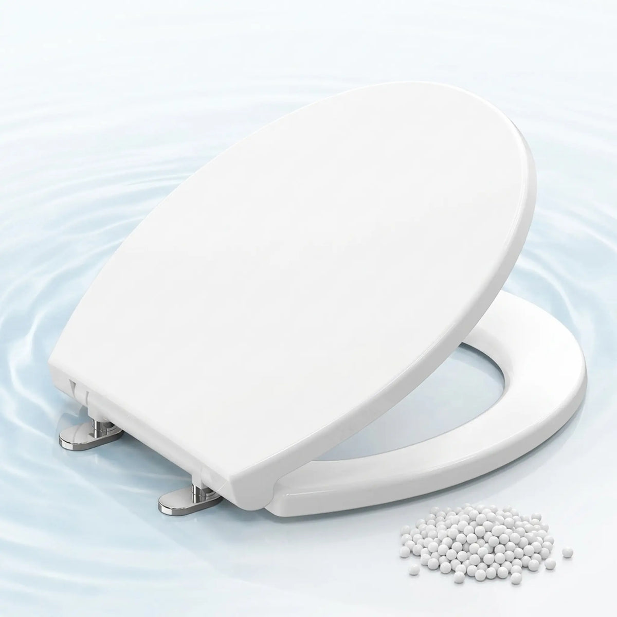 Topseat Plus lightweight white round plastic toilet seat featuring a seamless, easy-to-clean design against a fresh aquatic background.