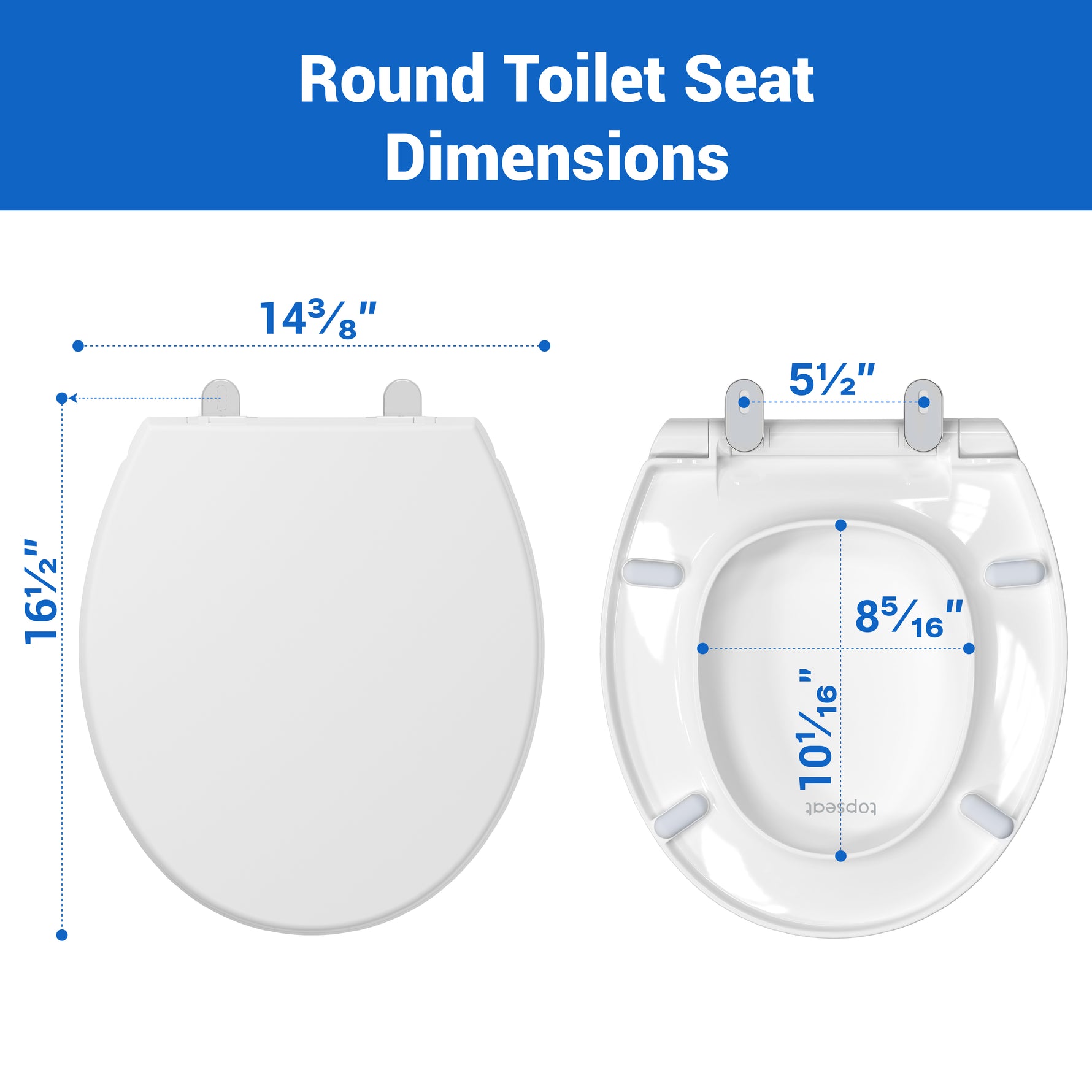Topseat Plus Round toilet seat dimensions with measurements on a white background