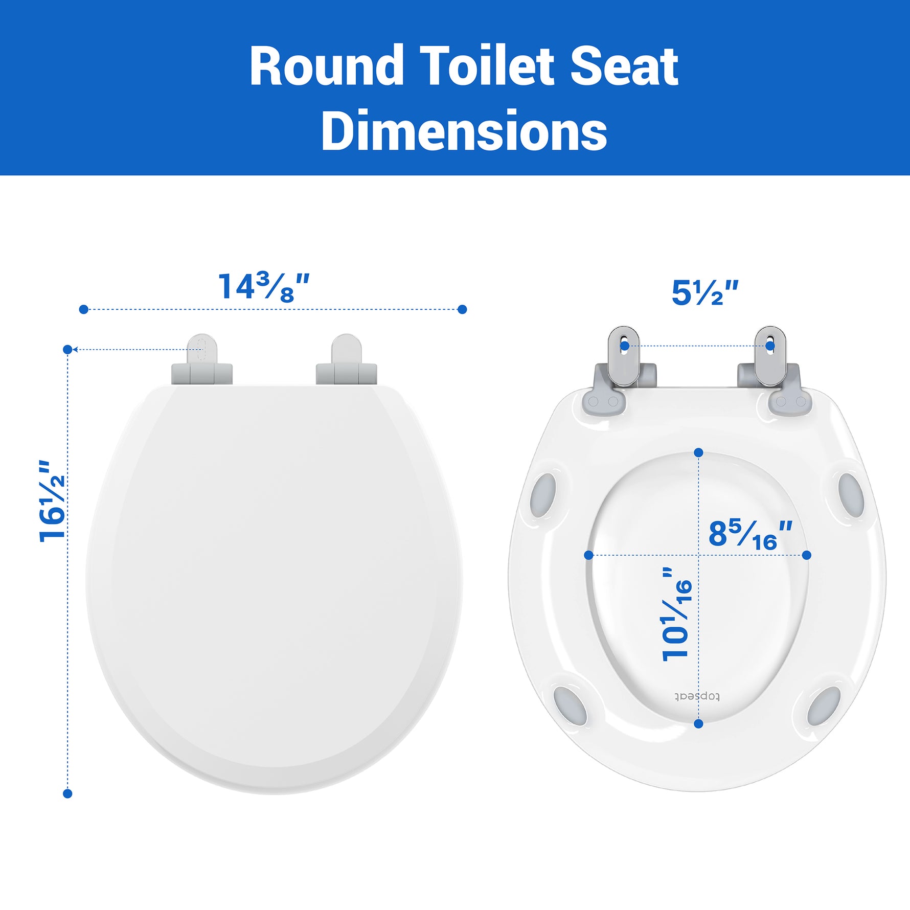 Dimensions of Topseat round toilet seat with measurements labeled.