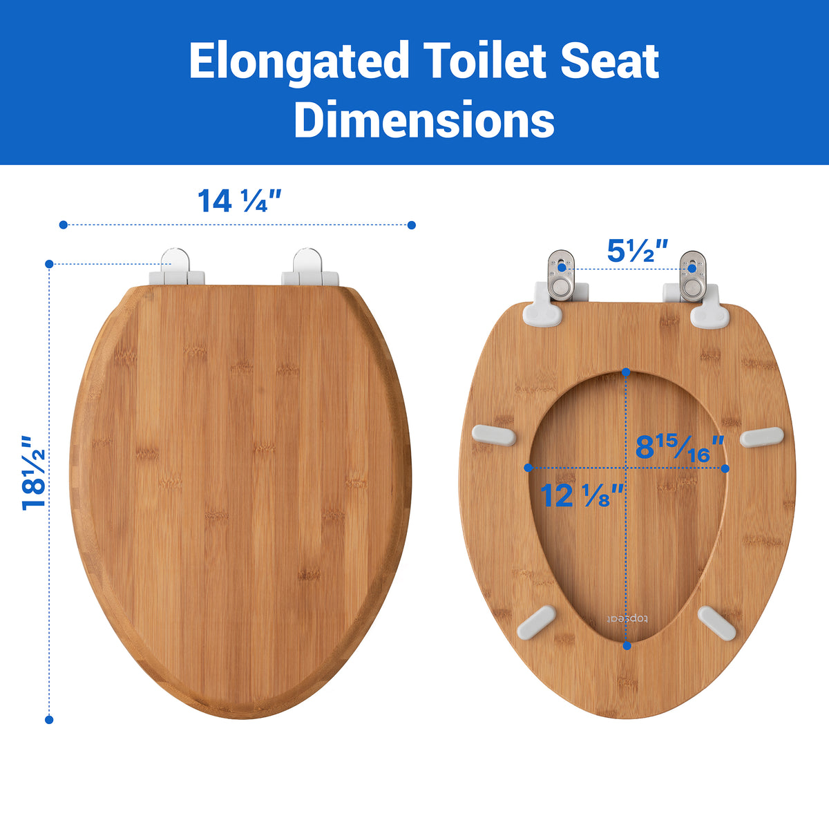 Detailed dimension guide for the Topseat Elongated Bamboo toilet seat, displaying an 18.5-inch total length, standard 5.5-inch hinge hole spacing, and precise interior ring measurements for a perfect match.