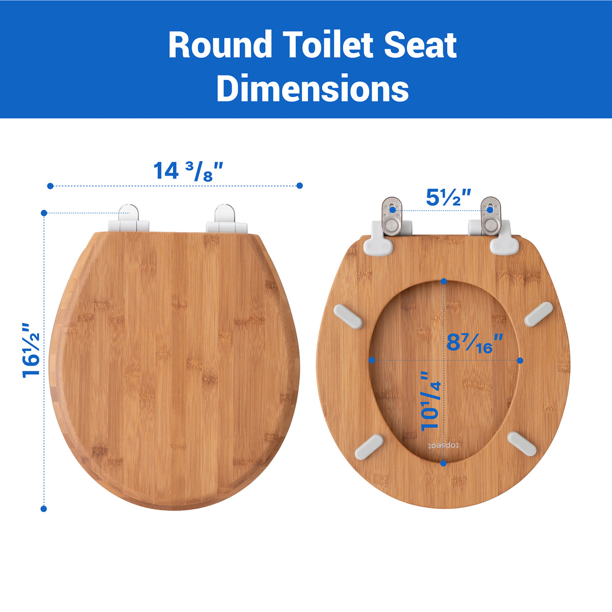 Detailed dimension guide for the Topseat Round Bamboo toilet seat, displaying an 16.5-inch total length, standard 5.5-inch hinge hole spacing, and precise interior ring measurements for a perfect match.