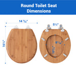 Detailed dimension guide for the Topseat Round Bamboo toilet seat, displaying an 16.5-inch total length, standard 5.5-inch hinge hole spacing, and precise interior ring measurements for a perfect match.