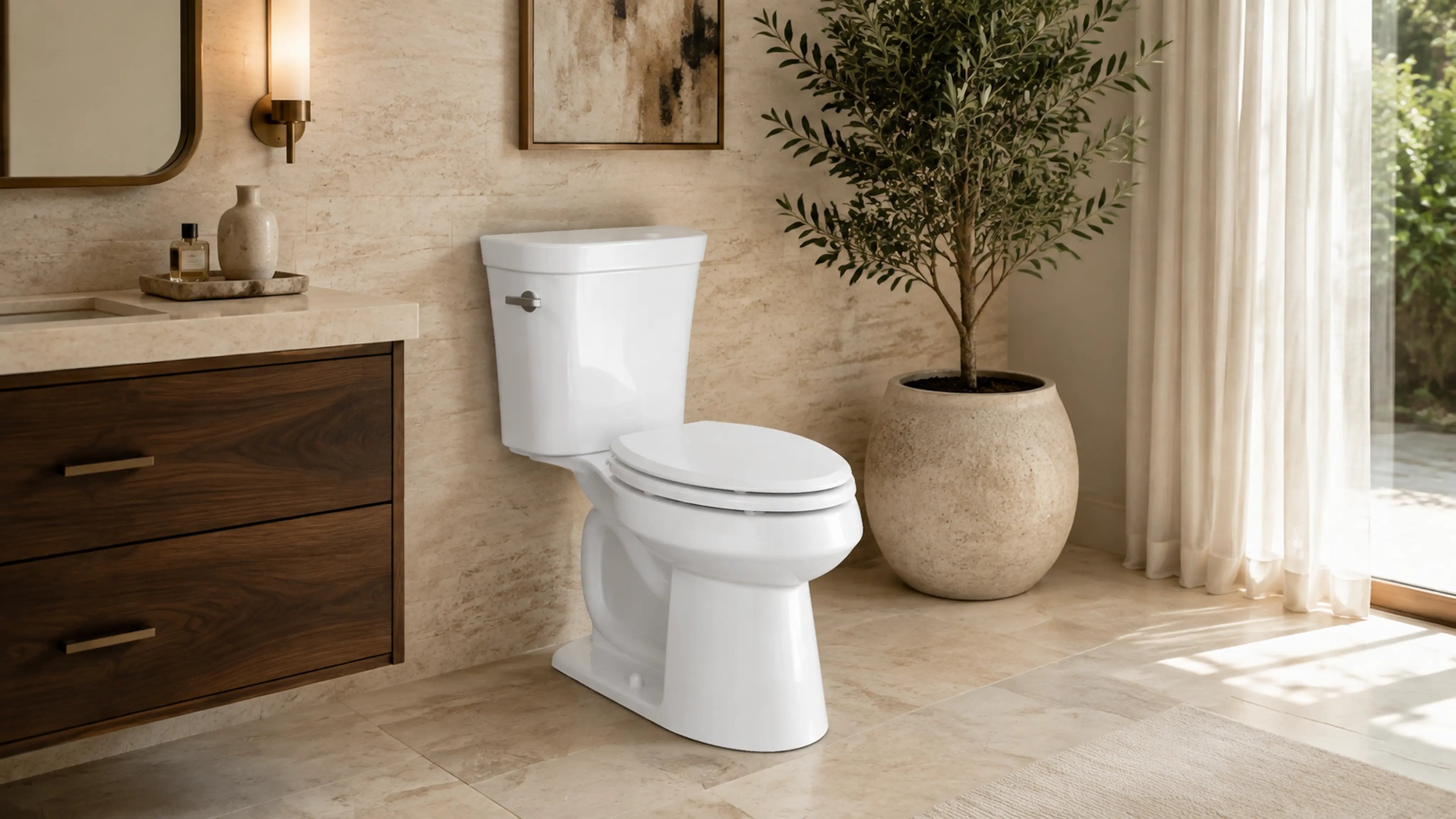 Topseat Pro Elite white elongated toilet seat in a modern bathroom