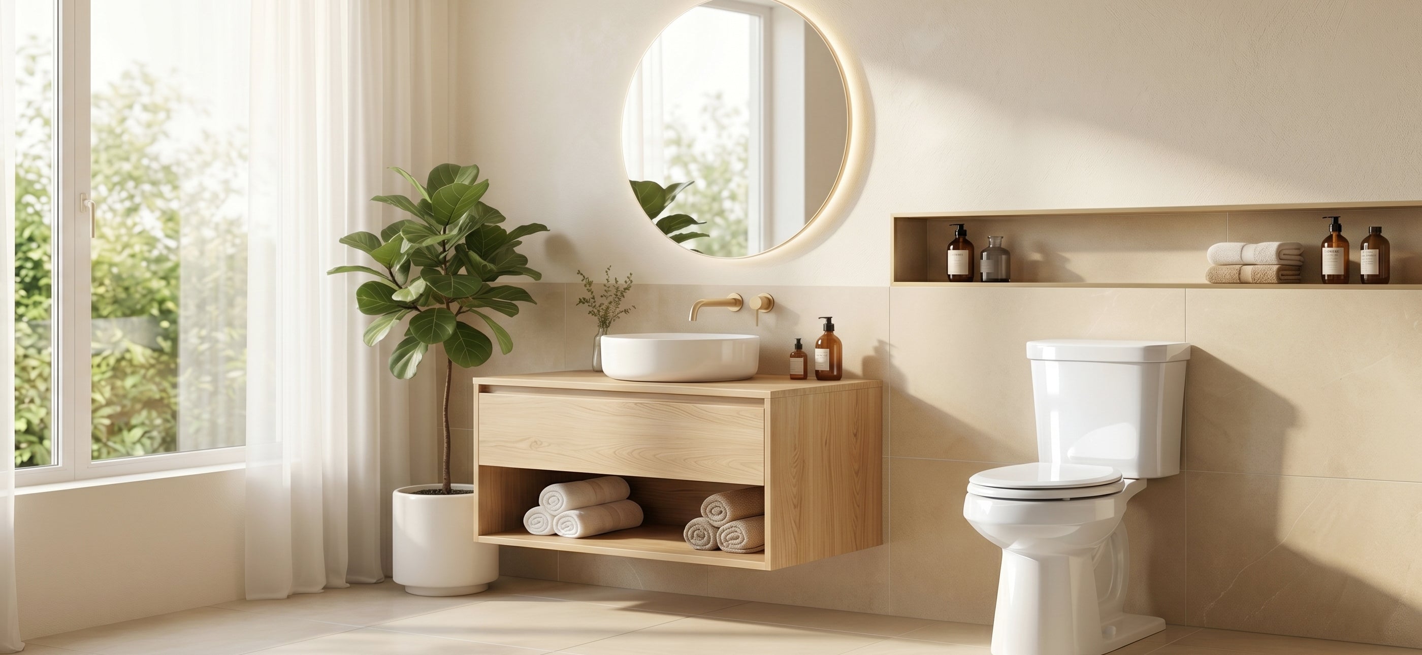 A sun-drenched, Japandi-inspired bathroom featuring the Topseat Pro Elite white wood toilet seat. The high-gloss seat complements the clean lines of the floating oak vanity, the minimalist round mirror, and the soft, organic lighting for a truly premium aesthetic.