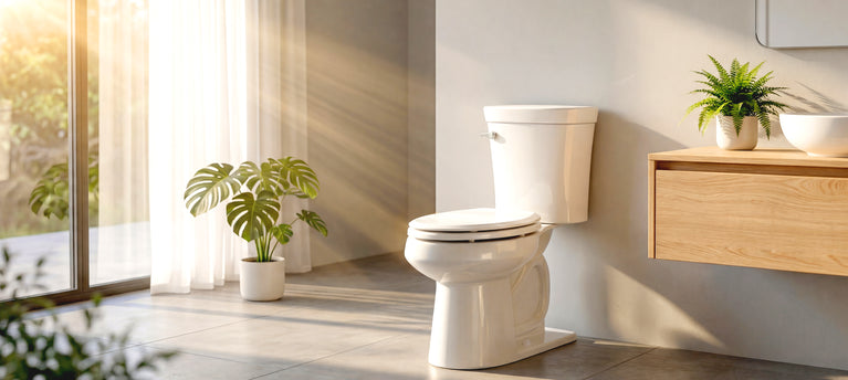 Beautiful morning sunlight streams through floor-to-ceiling windows, illuminating the Topseat Pro Elite white wood toilet seat in a high-end minimalist bathroom. The radiant light emphasizes the seat's showroom-quality finish, durable wood core, and soft-close hinges.