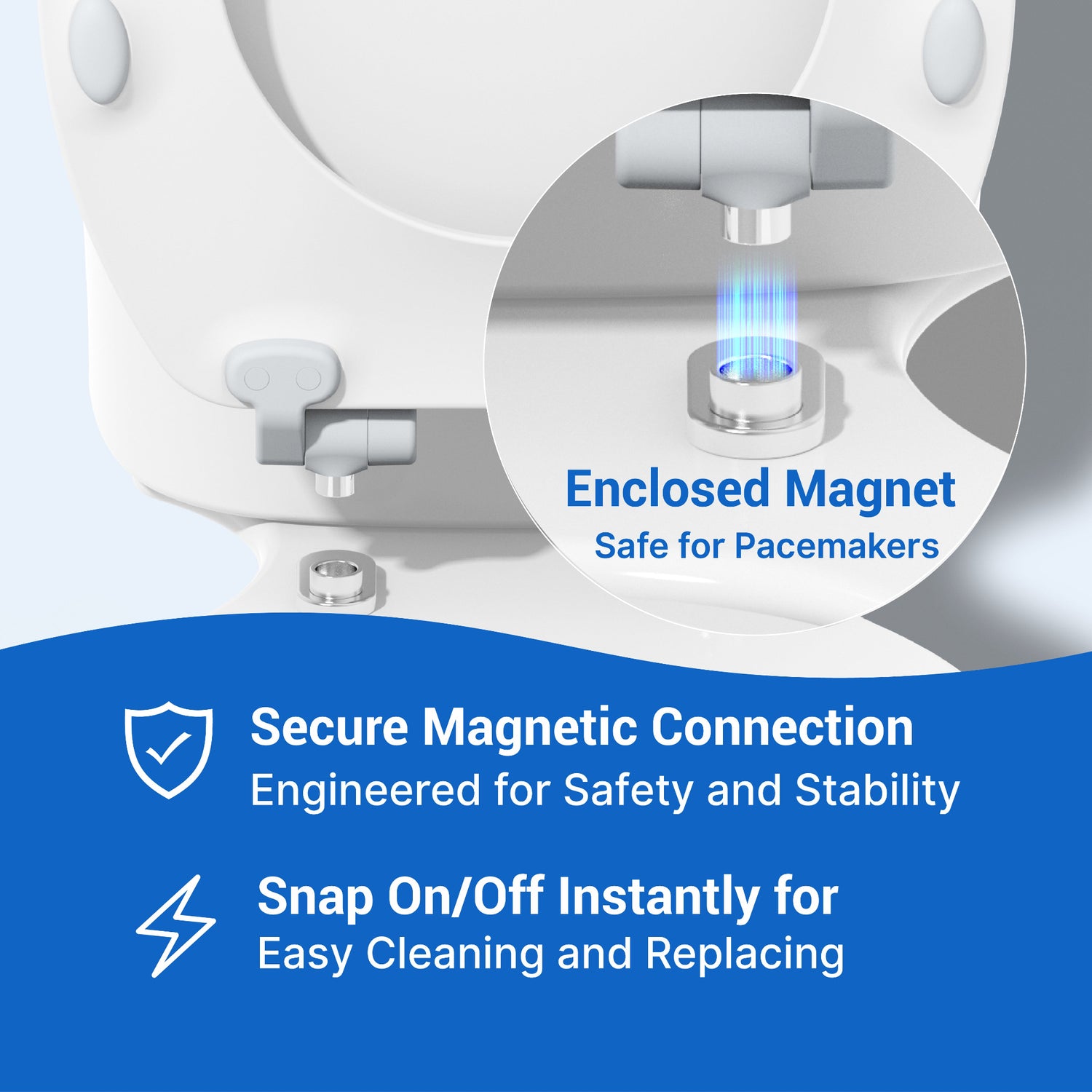Topseat toilet seat with enclosed magnet feature for pacemakers, showing secure magnetic connection and ease of use.