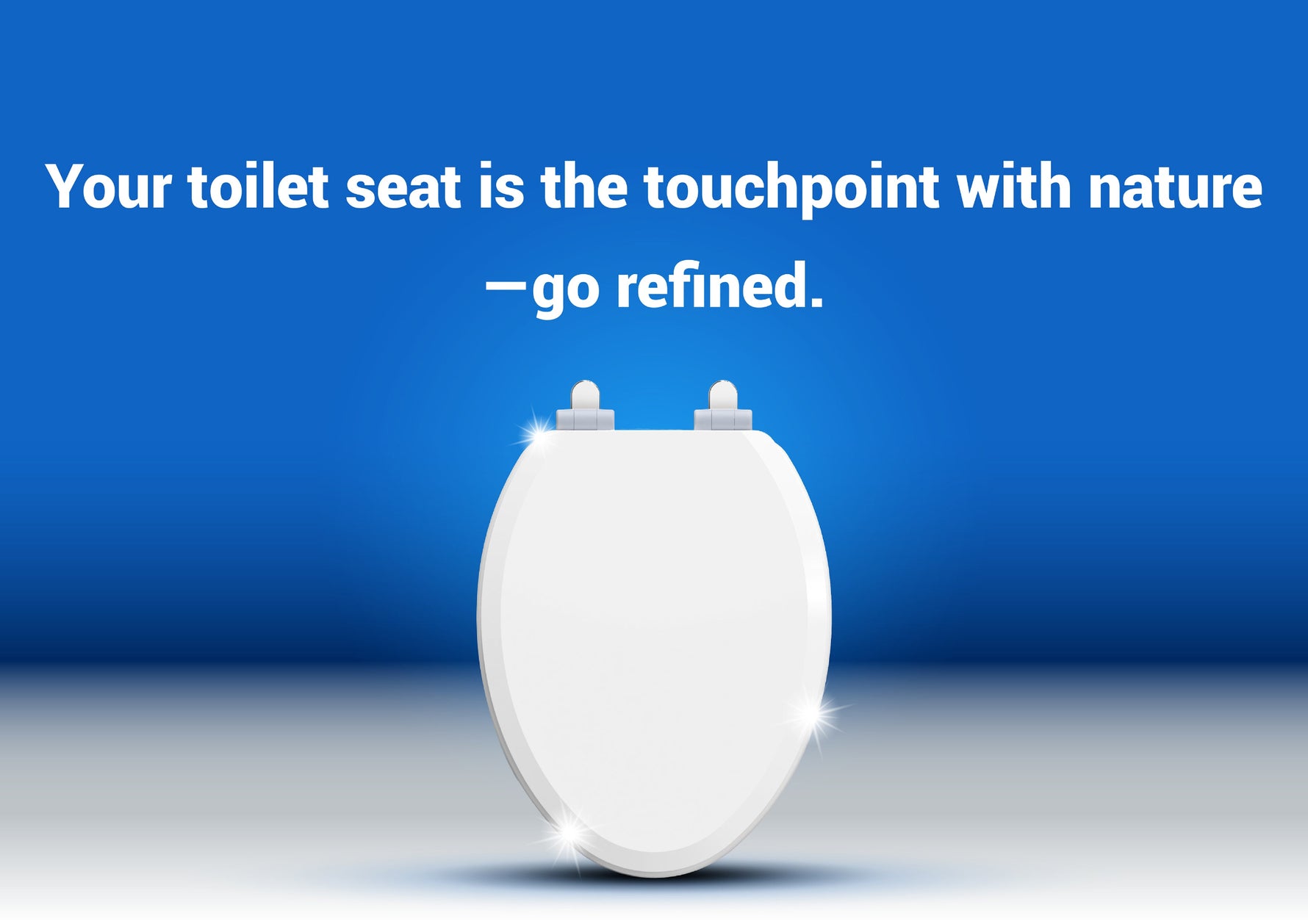 Topseat wood toilet seat on a blue background with text "Your toilet seat is the touchpoint with nature - go refined.".