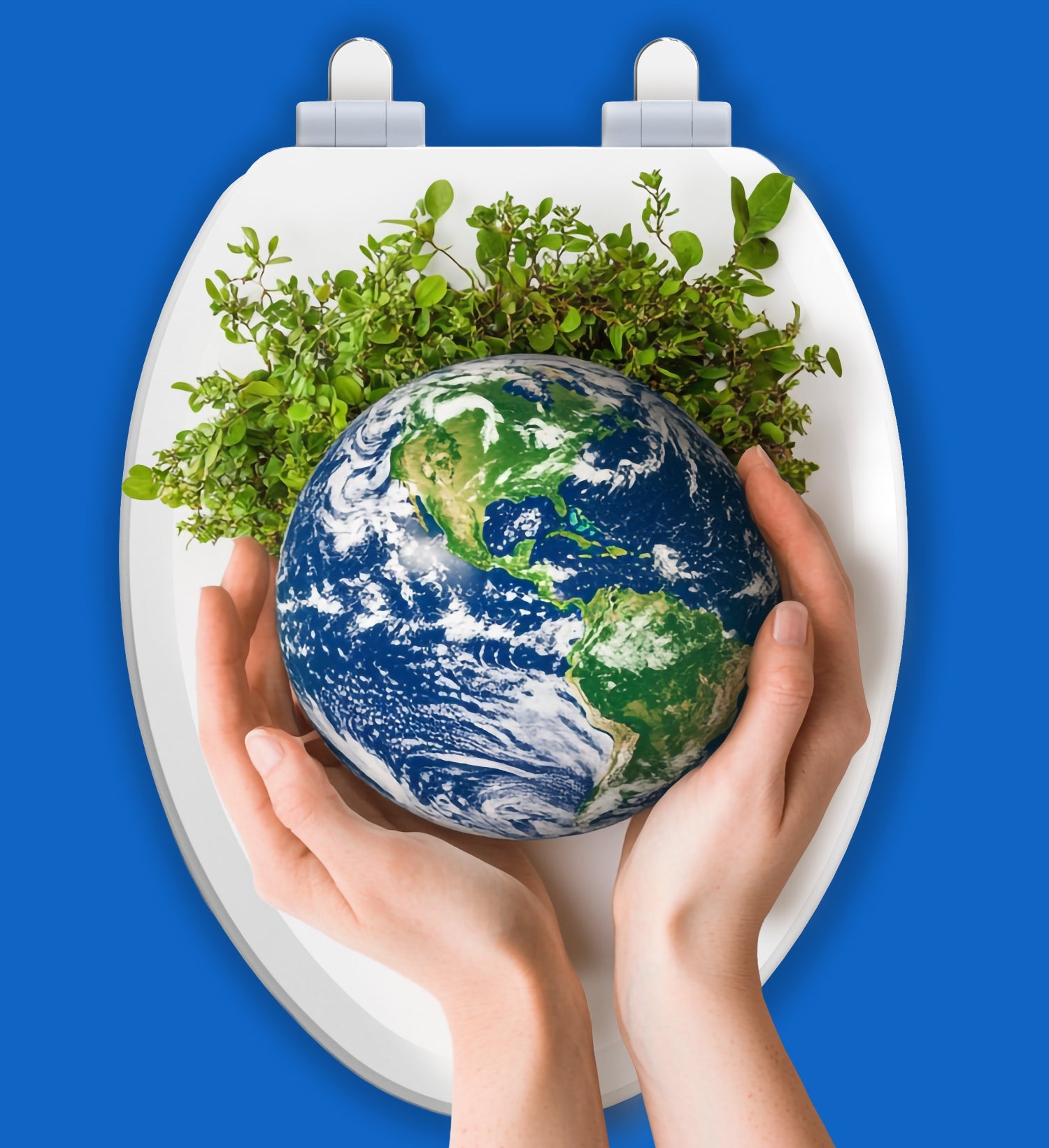 Hands holding a globe on a wood toilet seat with plants, against a blue background