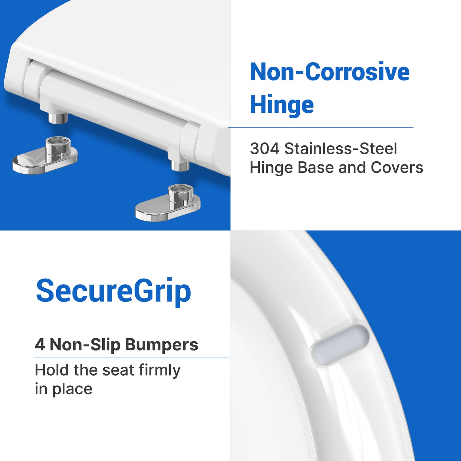 Bathroom seat with non-corrosive hinge and securegrip features on a blue and white background
Topseat Plastic Toilet Seats