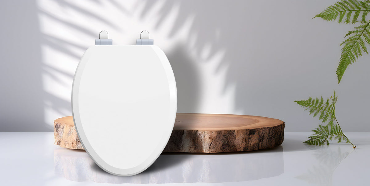 Topseat white wood toilet seat displayed beside a natural wood slab