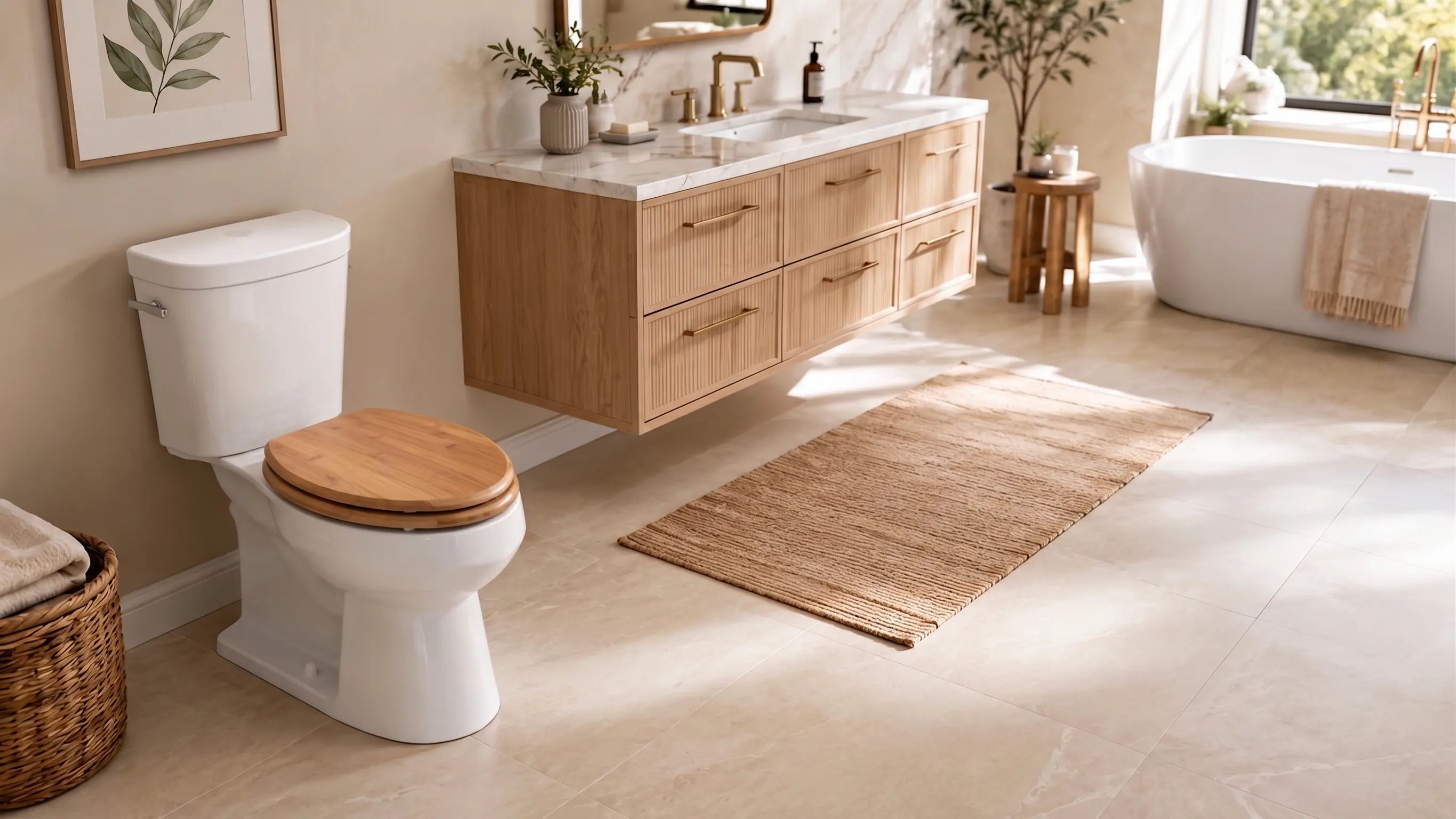 Bamboo toilet seat in a warm, naturally styled bathroom