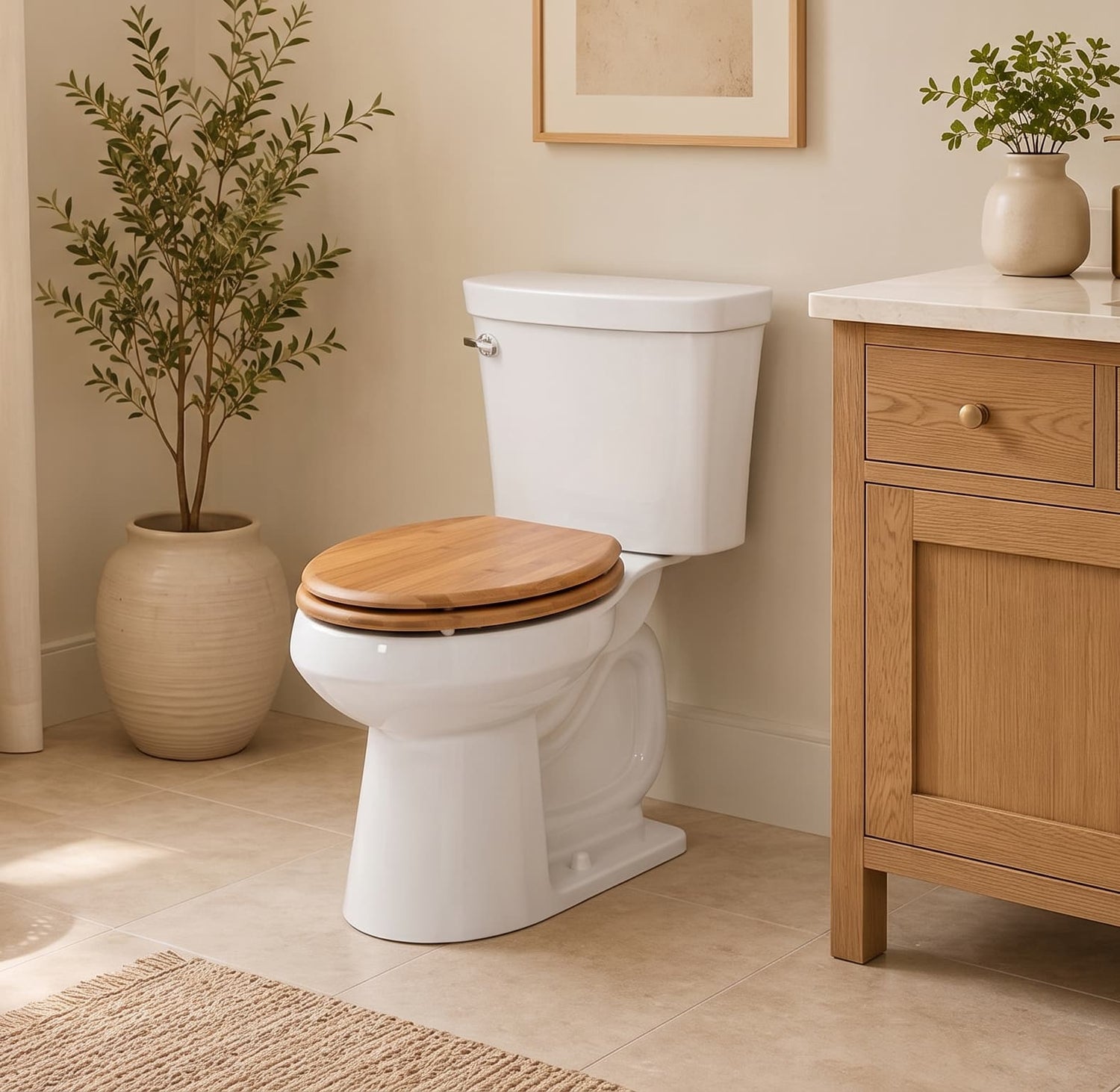 Natural bamboo toilet seat in a warm modern bathroom