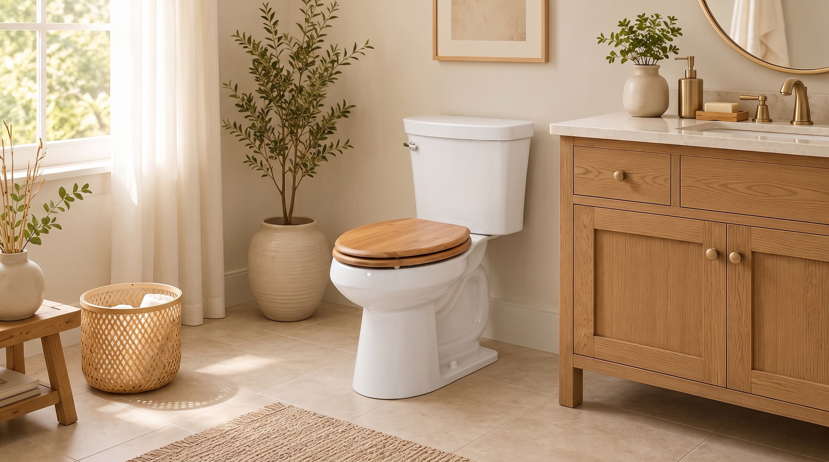 Bamboo toilet seat in a warm, naturally styled bathroom