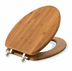 Elongated bamboo toilet seat with brushed nickel metal hinges, angled open view