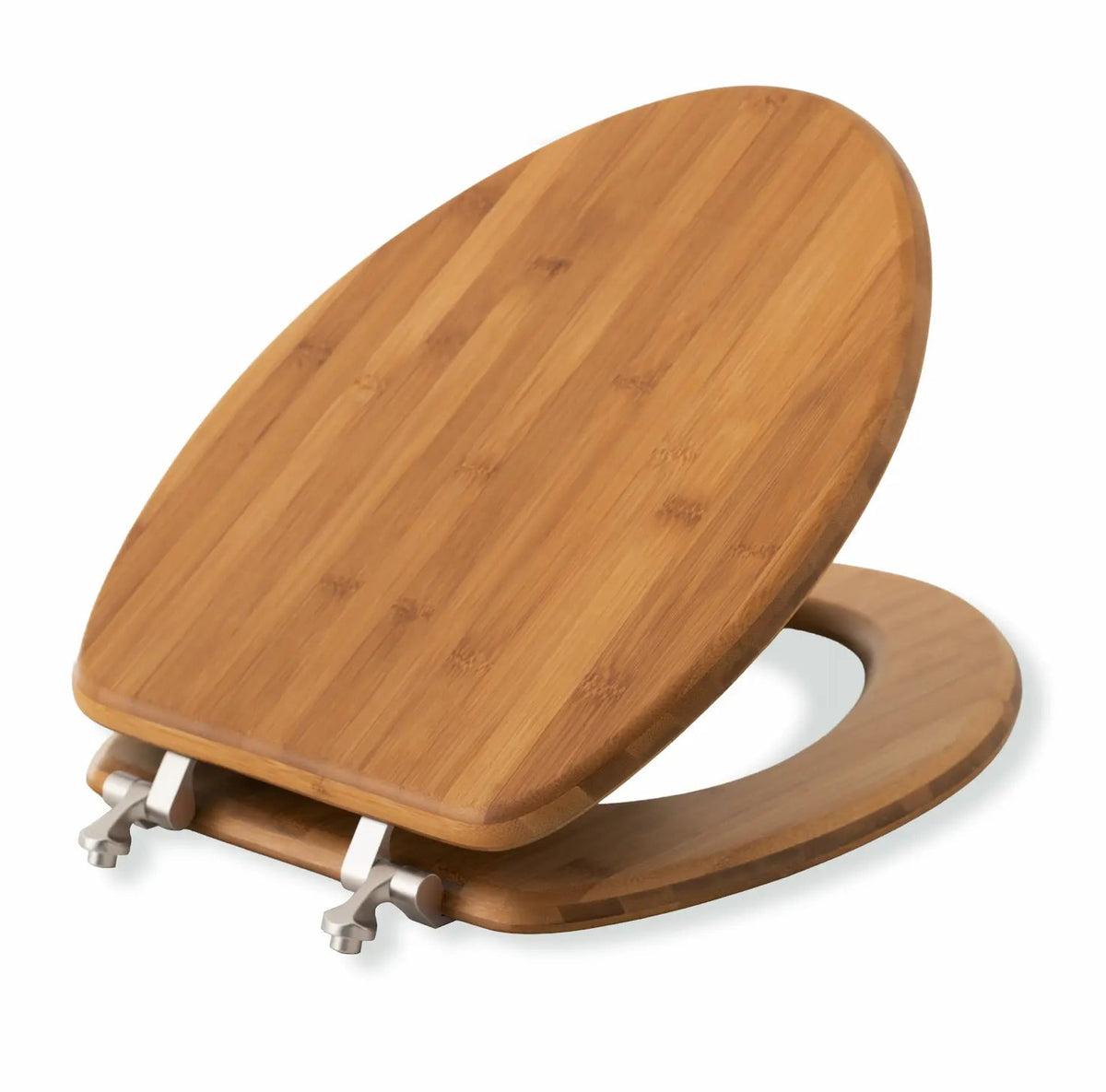 Elongated bamboo toilet seat with brushed nickel metal hinges, angled open view