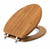 Elongated bamboo toilet seat with brushed nickel metal hinges, angled open view