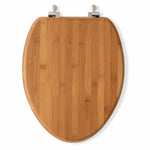 Elongated bamboo toilet seat with brushed nickel metal hinges, front view
