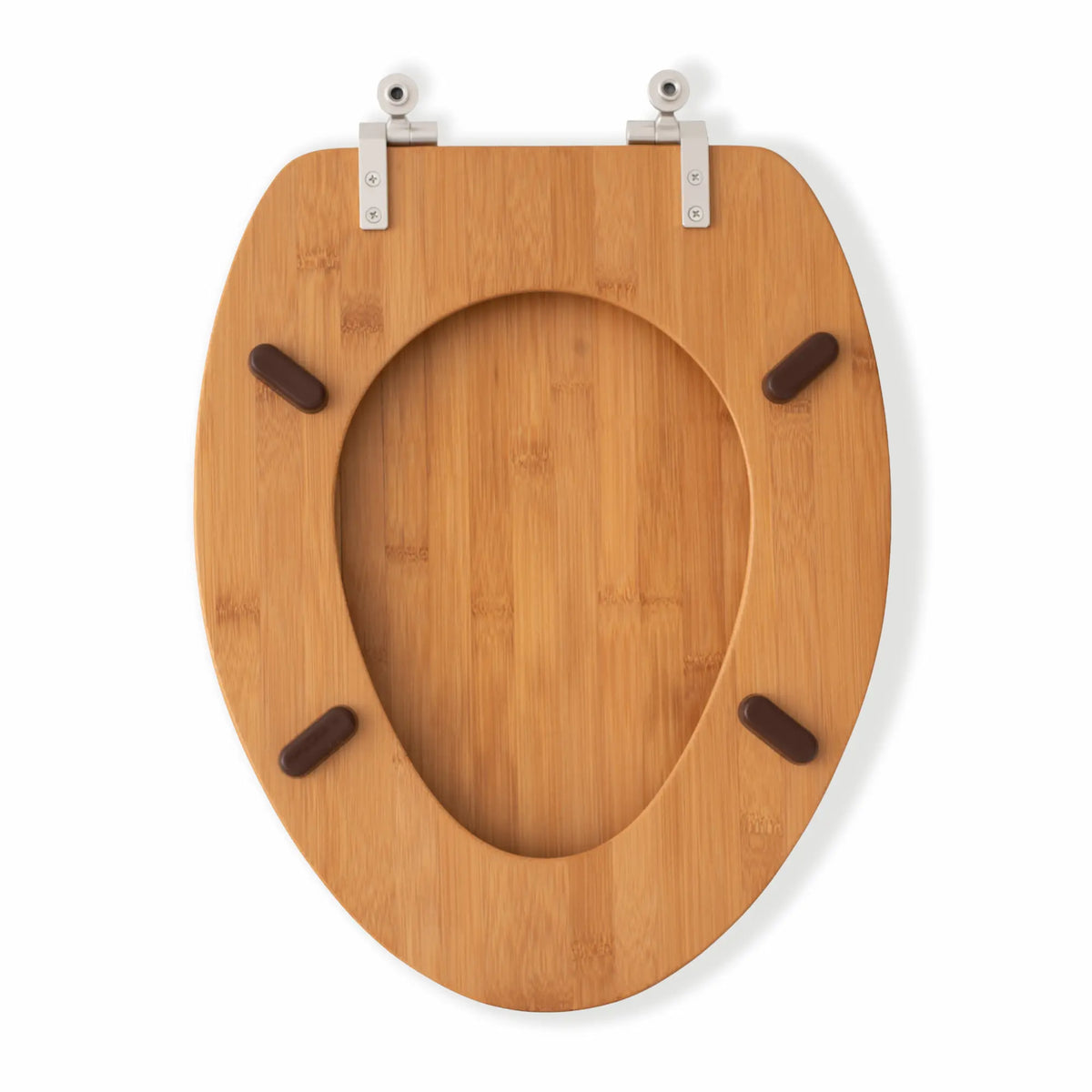 Elongated bamboo toilet seat with brushed nickel metal hinges, open back view