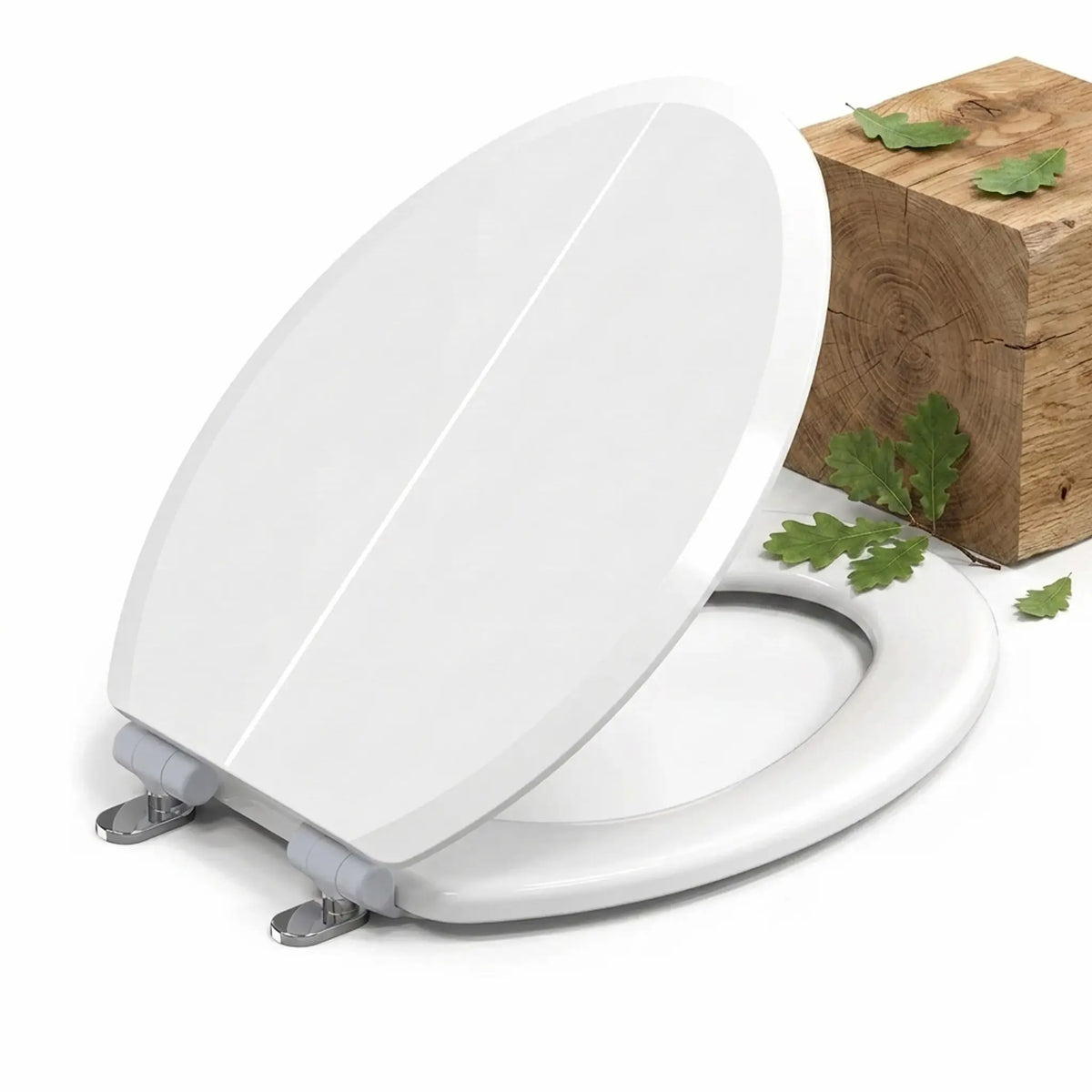 Topseat classic white elongated wood toilet seat featuring a smooth, durable finish, displayed next to a textured wood block and fresh green leaves.