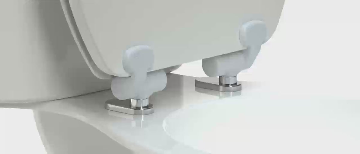 Animation demonstrating the topseat Magic Hinge® quick-release toilet seat being removed and reattached to its metal hinge bases.