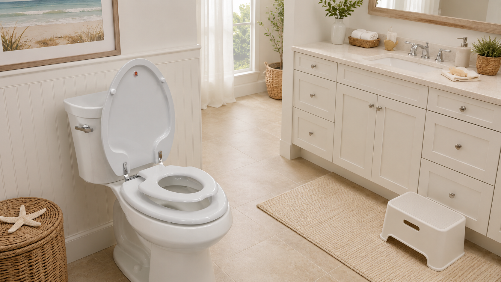 Topseat TinyHiney Potty 2-in-1 potty training toilet seat with built-in child seat installed on a residential toilet in a modern family bathroom.