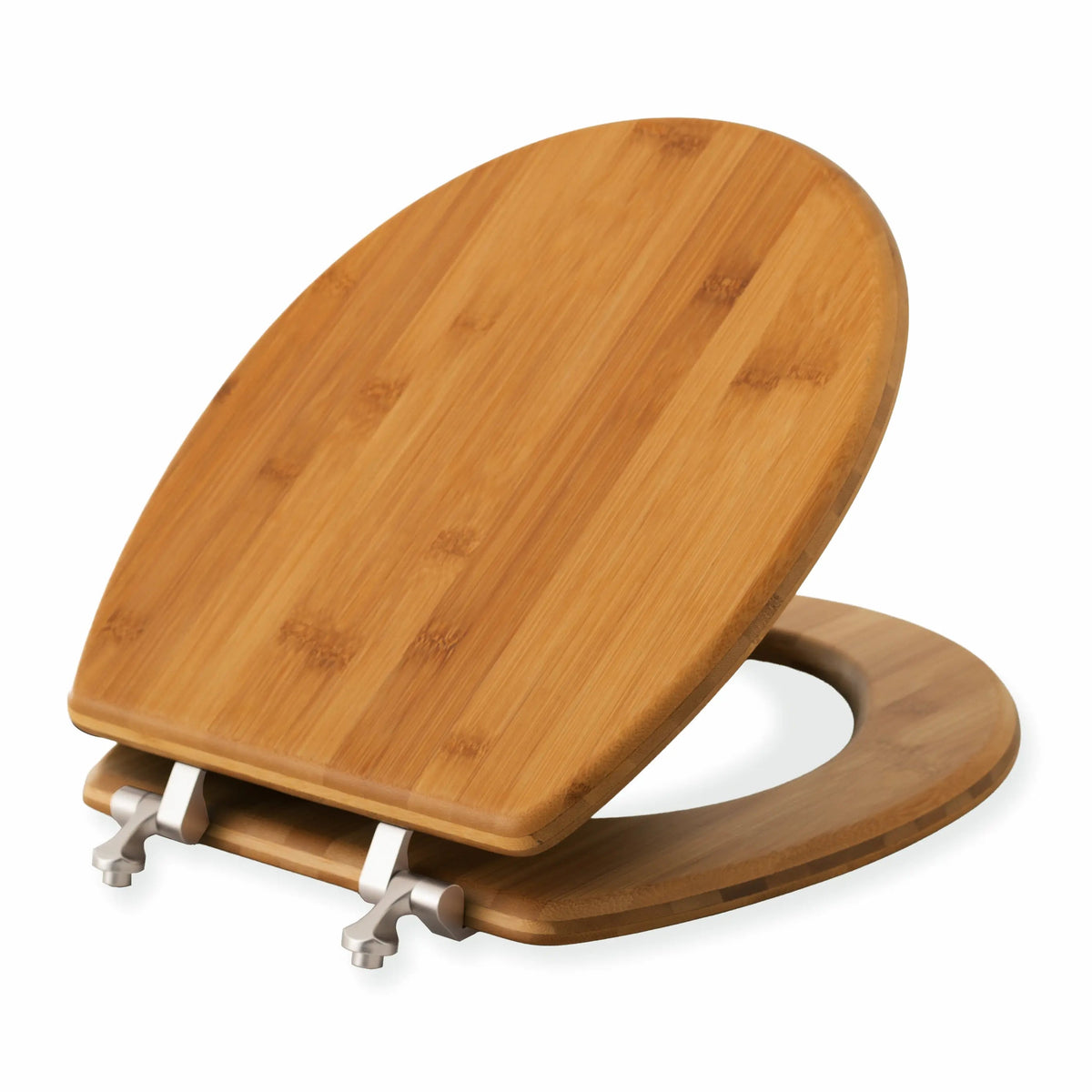 Round bamboo toilet seat with brushed nickel hinges, angled open view