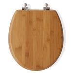 Round bamboo toilet seat with brushed nickel hinges, front view