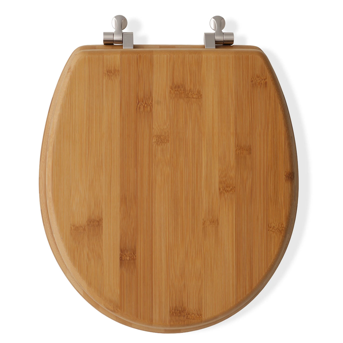 Round bamboo toilet seat with brushed nickel hinges, front view