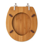 Round bamboo toilet seat with brushed nickel hinges, open back view