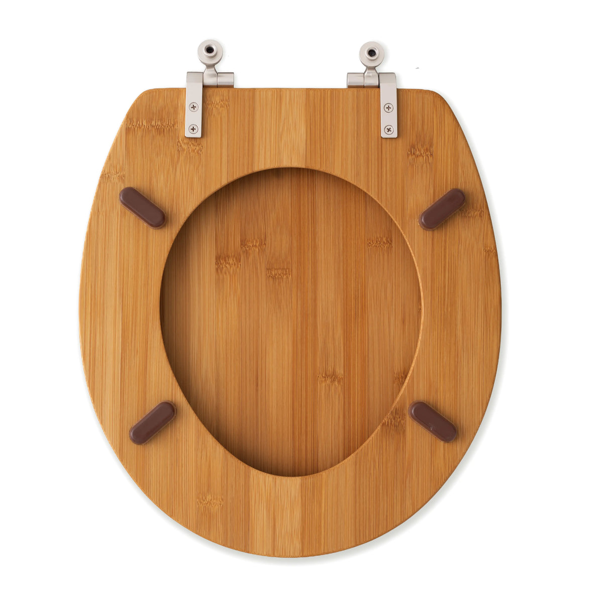 Round bamboo toilet seat with brushed nickel hinges, open back view
