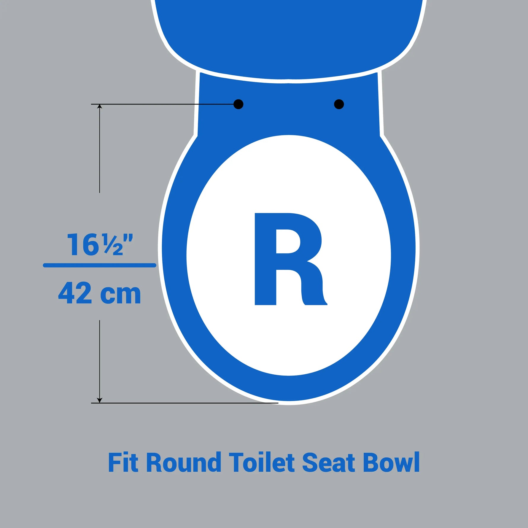 Round toilet seat size guide showing a 16.5-inch (42 cm) bowl length