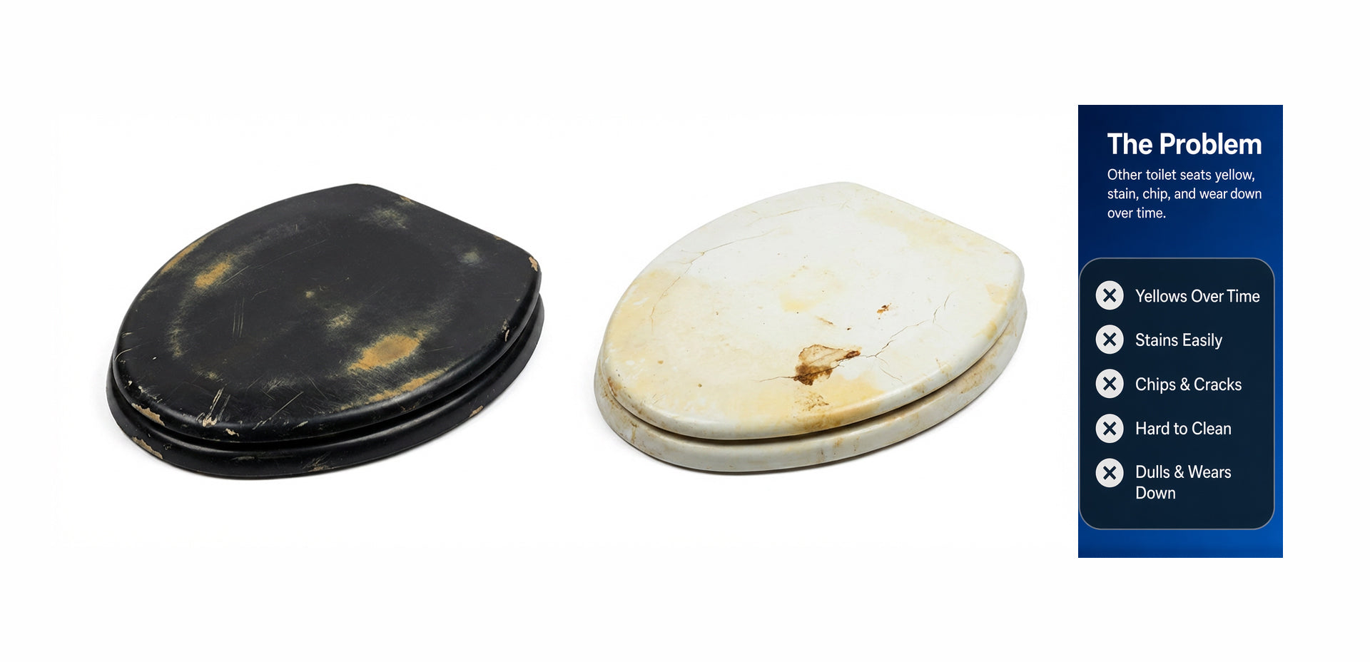 An example of standard toilet seats without StainShield™ protection. The image shows a heavily scratched and faded black seat on the left, and a severely yellowed, stained, and cracked white seat on the right. This illustrates the common discoloration and wear that Topseat's automotive-grade finish is engineered to prevent.