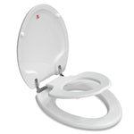 Side angle view of the white Topseat TinyHiney elongated toilet seat with the lid up, showcasing the convenient fold-down child training ring