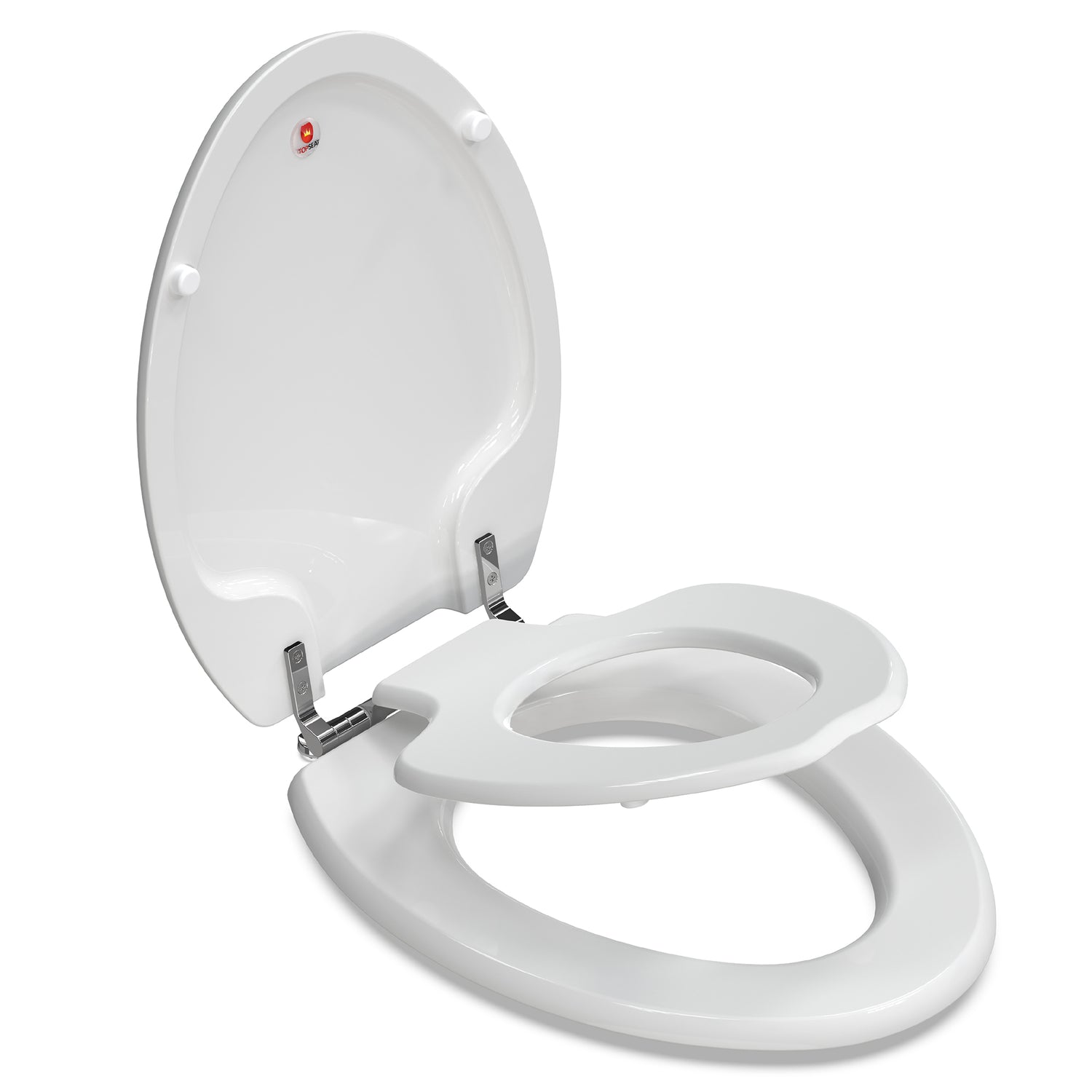Side angle view of the white Topseat TinyHiney elongated toilet seat with the lid up, showcasing the convenient fold-down child training ring