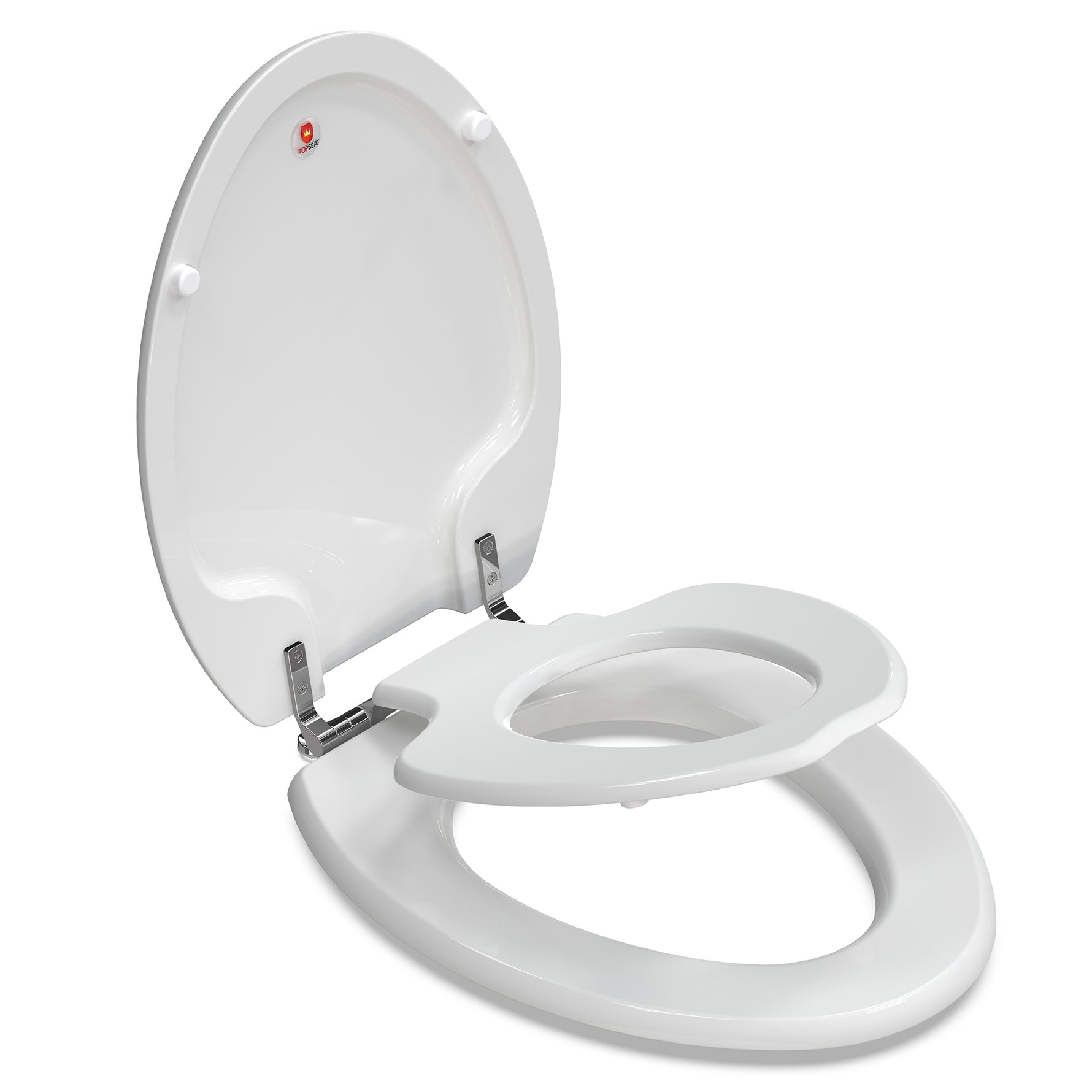 Side angle view of the white Topseat TinyHiney elongated toilet seat with the lid up, showcasing the convenient fold-down child training ring
