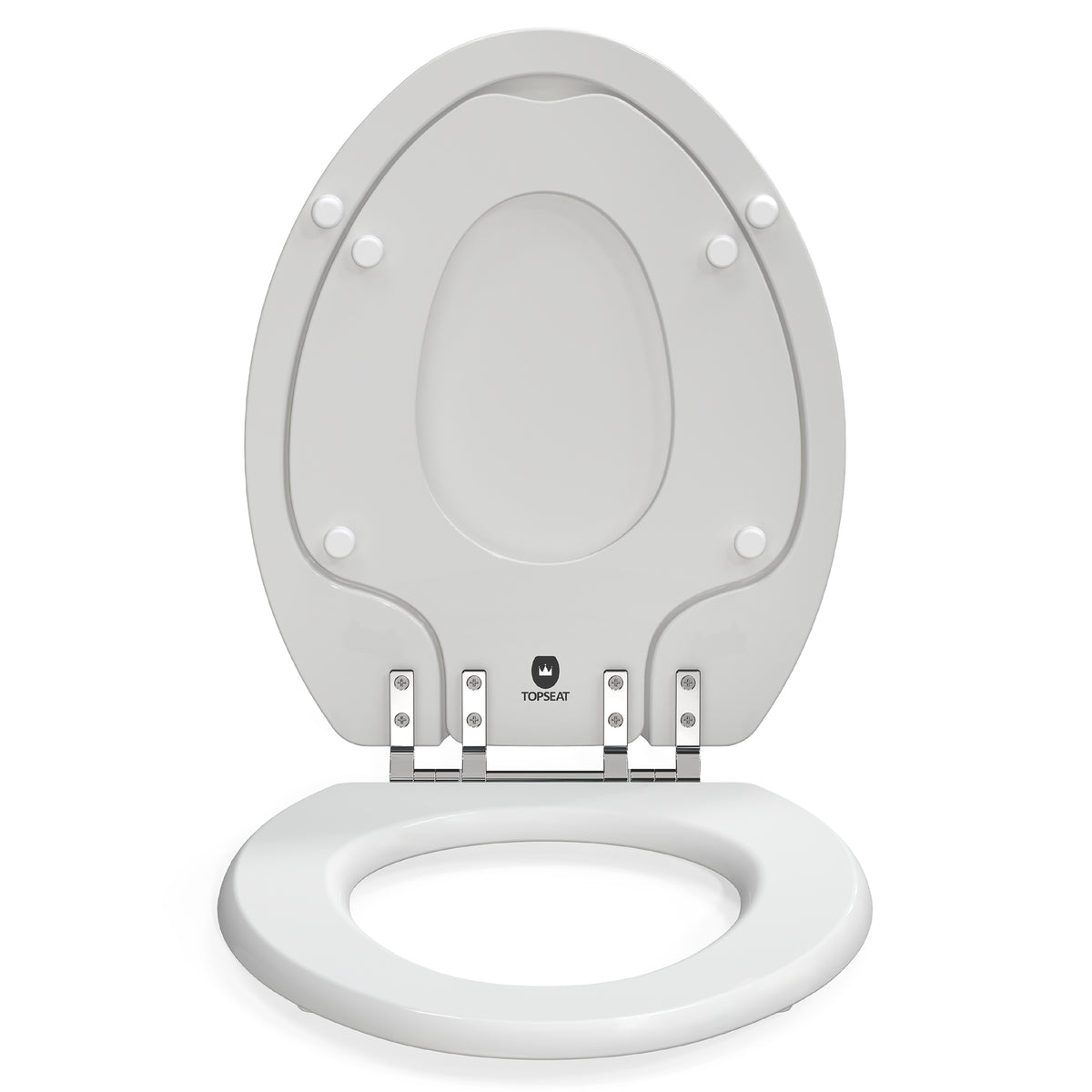 Direct front view of the white Topseat TinyHiney elongated toilet seat with the main cover raised, featuring the lowered built-in potty training ring