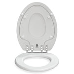 Direct front view of the white Topseat TinyHiney elongated toilet seat with the main cover raised, featuring the lowered built-in potty training ring