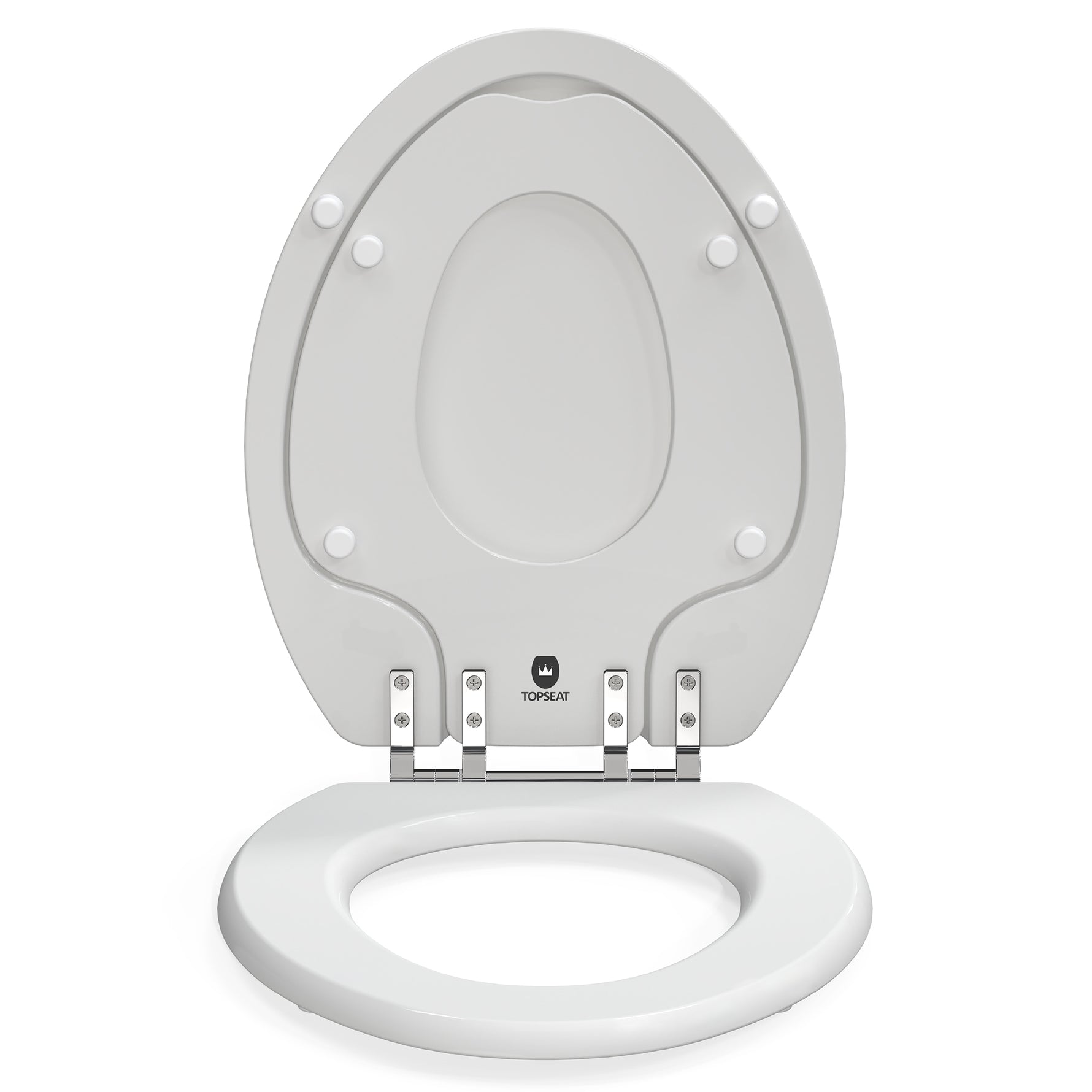 Direct front view of the white Topseat TinyHiney elongated toilet seat with the main cover raised, featuring the lowered built-in potty training ring