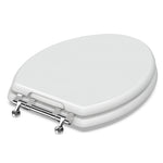 Side angle view of the closed white Topseat TinyHiney elongated potty training toilet seat