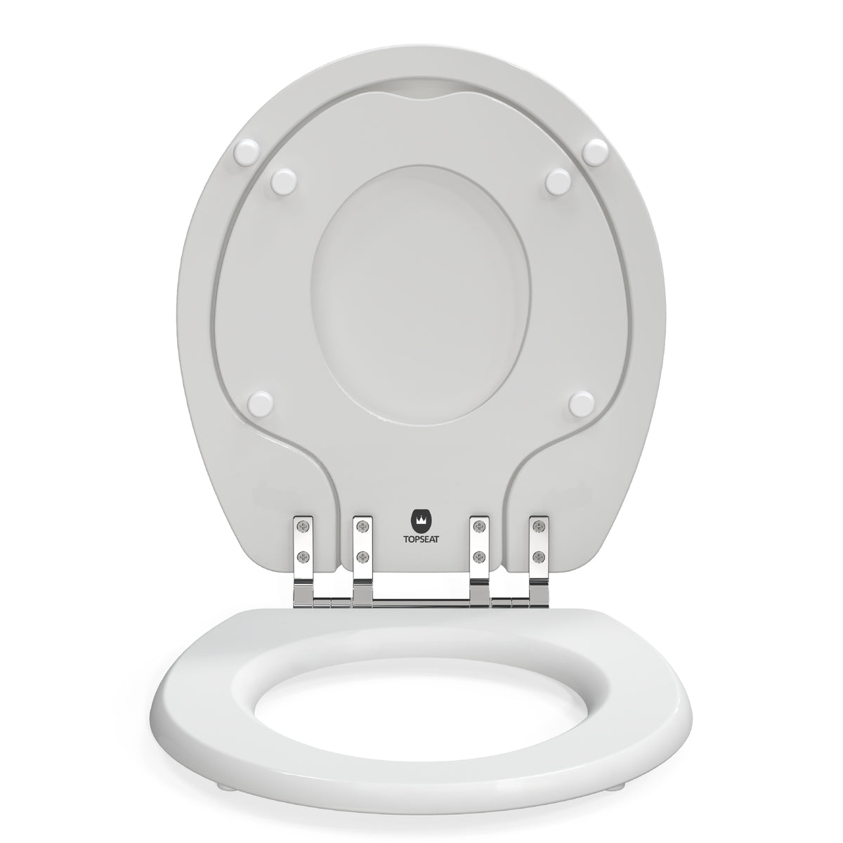Direct front view of the white Topseat TinyHiney round toilet seat with the cover lifted, revealing the built-in toddler training ring