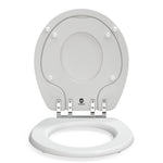 Direct front view of the white Topseat TinyHiney round toilet seat with the cover lifted, revealing the built-in toddler training ring