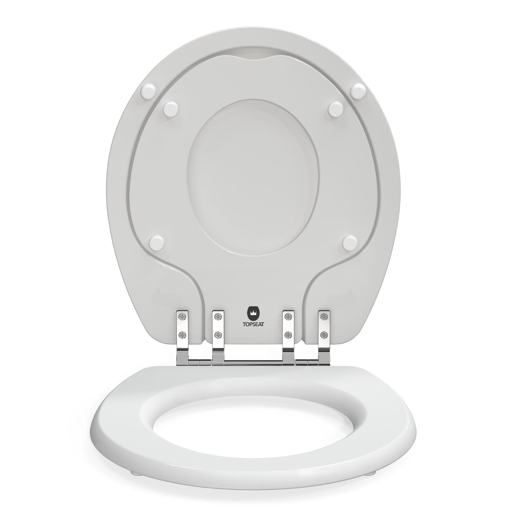Direct front view of the white Topseat TinyHiney round toilet seat with the cover lifted, revealing the built-in toddler training ring