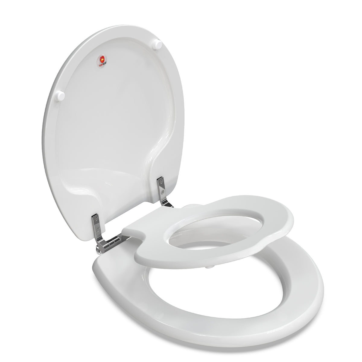 Angled side view of the white Topseat TinyHiney round toilet seat with the lid open, showing the integrated child training ring lowered