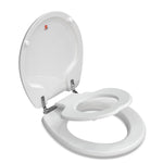 Angled side view of the white Topseat TinyHiney round toilet seat with the lid open, showing the integrated child training ring lowered