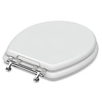 Side angle view of the closed white Topseat TinyHiney round potty training toilet seat, featuring durable shiny metal  hinges.