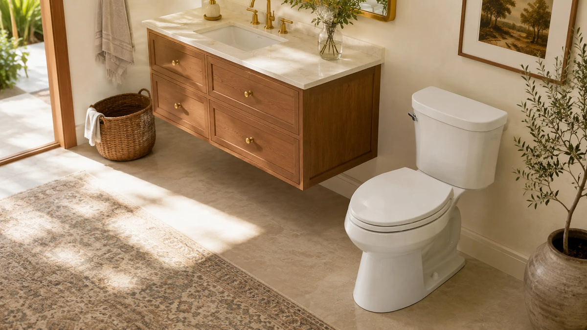 Modern white toilet in a warm, sunlit bathroom