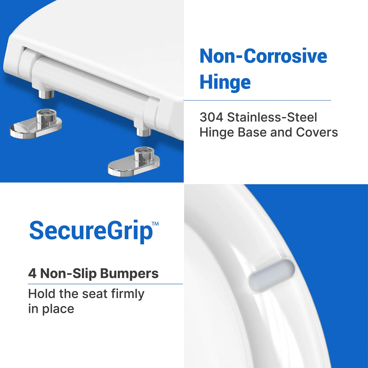 Topseat toilet seat with shiny stainless steel hinges and light gray SecureGrip bumpers